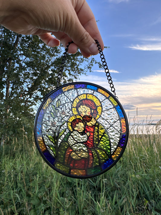 Atrapasol de Vidrio San José con el Niño Jesús | Decoración Católica para Ventana