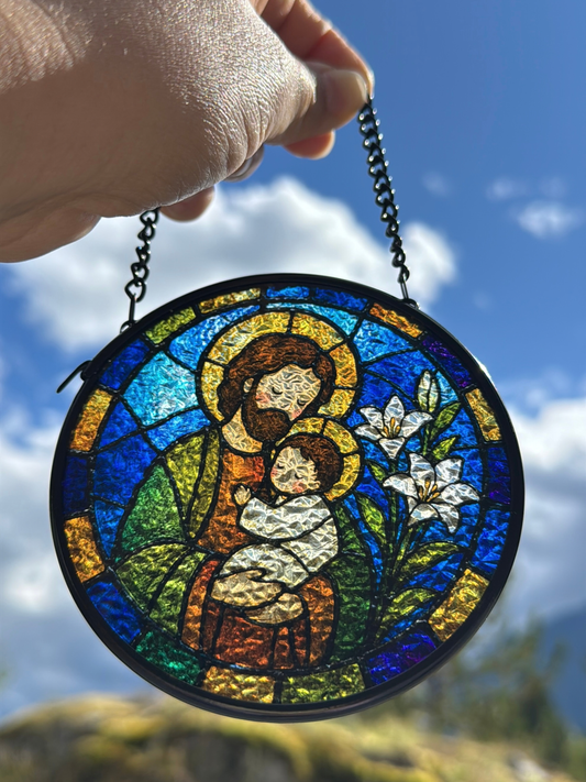 Atrapasol de Vidrio San José con el Niño Jesús | Decoración Católica para Ventana