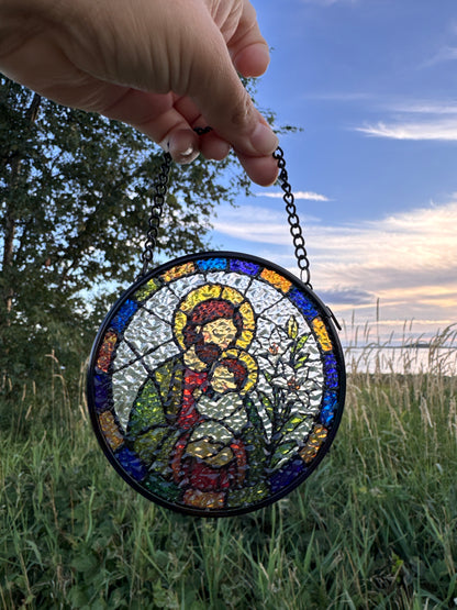 Atrapasol de Vidrio San José con el Niño Jesús | Decoración Católica para Ventana