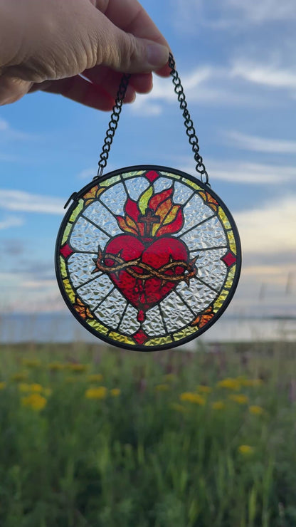 Sagrado Corazón de Jesús Atrapasol de Vidrio | Decoración Católica para el Hogar