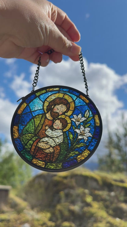 Atrapasol de Vidrio San José con el Niño Jesús | Decoración Católica para Ventana